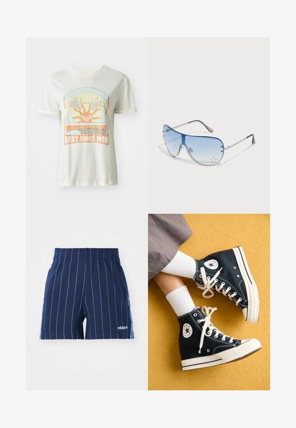 T-shirt in cotone color crema con una grafica retrò che presenta palme, sole e la scritta "ROXY DAL 1990" con accenti in arancione e teal. Maniche corte.; Shorts blu scuro con righe bianche, vita elastica e logo Adidas. Presenta accenti blu sui lati, realizzati in materiale misto cotone.; Sneakers alte nere in tela con lacci bianchi e suole in gomma, caratterizzati da un logo rotondo Converse All Star sul lato esterno.; Occhiali da sole aviator con lenti blu sfumate, montatura in metallo argentato e decorazioni a forma di stella sulle lenti. Design liscio e sofisticato.