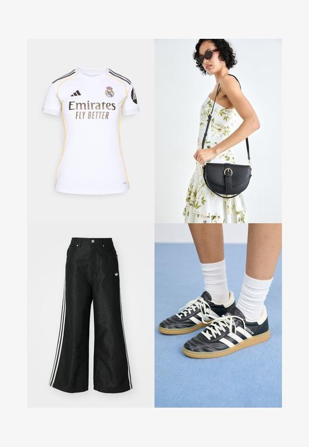 Biała koszulka z krótkim rękawem z czarnymi akcentami, żółtym wykończeniem i logo "Emirates Fly Better". Zawiera herb Realu Madryt na górnym lewym rancie.; Czarne dżinsy o szerokich nogawkach z trzema białymi paskami po bokach i małym białym logo. Posiadają przednie kieszenie i zapięcie na guzik.; Czarne skórzane sneakersy z białymi paskami, okrągły czubek, białe sznurowadła i gumowa podeszwa. Podkreślone wyściełanym kołnierzem i detalami z logo.; Czarna skórzana torebka o zakrzywionym kształcie, z odpinanym paskiem i złotymi akcentami. Torebka posiada klapę z zapięciem w kształcie klamry.