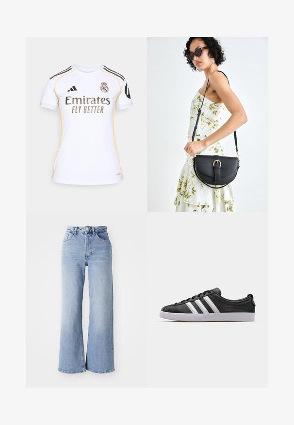 Bela kratka majica s kratkimi rokavi z, črnimi poudarki, rumenimi detajli in logotipom "Emirates Fly Better". Na zgornji levi strani je grb Real Madrida.; Svijetloplave traperice visokog struka, širokih nogavica, s prednjim i stražnjim džepovima, kopčanjem na dugme i suptilnim izblješnjenjem na bedrima i rubovima.; Črne usnjene športe z belim trakom s tremi črtami, zaobljenim nosom, ravnim belim gumijastim podplatom in blagovno znamko na strani.; Črna usnjena torbica s ukrivljeno obliko, z odstranljivo naramnico in zlatimi dodatki. Torbica ima pokrov s podrobnostmi v obliki zaponke.