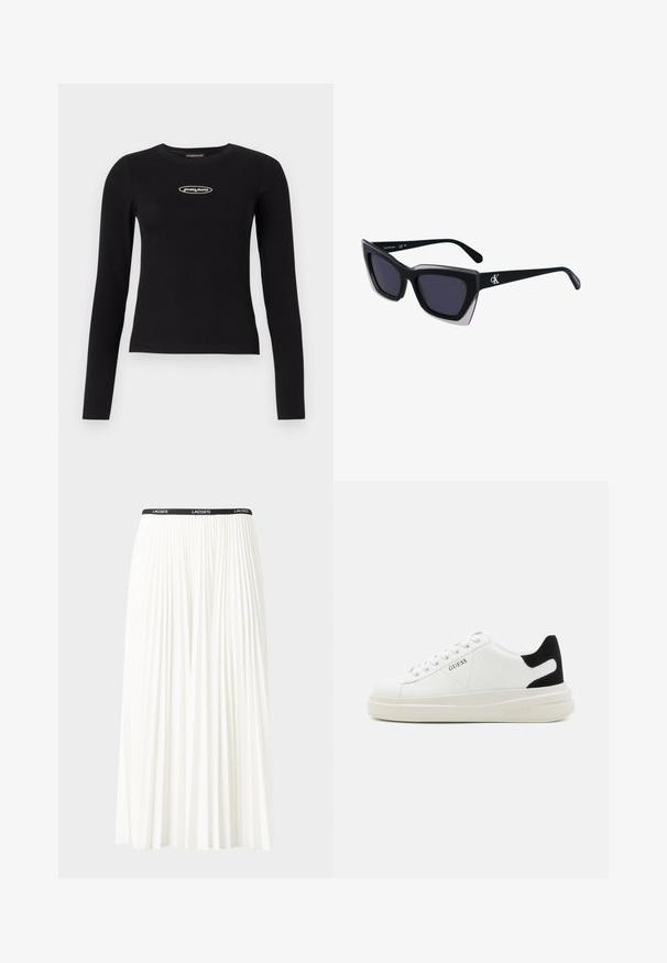 Črna dolga majica z dolgimi rokavi iz rebrastega materiala. Ima okroglo ovratnico in majhen bel logotip na prsih. Prilegan model.; Gubasta bela krila z črnim elastičnim pasom, ki nosi logotip "LACOSTE". Srednje dolga zasnova z mehkobo tkanine.; Bele usnjene športne copate z debelim belim podplatom, črnimi semišnimi detajli na peti in utisnjenim logotipom na strani. Zavezovanje s šestimi luknjicami.; Črne prevelike sončne očala geometrijske oblike, z temnimi lečami in kontrastno sivo podrobnostjo na okvirju. Logo na ročaju.