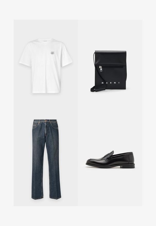 White t-shirt made of cotton featuring short sleeves, a crew neck, and a small gray logo on the left chest area. Smooth texture.; Dark blue straight-leg denim jeans with front button, zip fly, double front pockets, and visible vertical creases down the legs.; Black leather loafers with a smooth texture, rounded toe, and a decorative strap across the vamp. Low stacked heel, minimalist design.; Black leather crossbody bag with a zippered front pocket, embossed logo, and adjustable strap. Smooth texture with a structured shape.