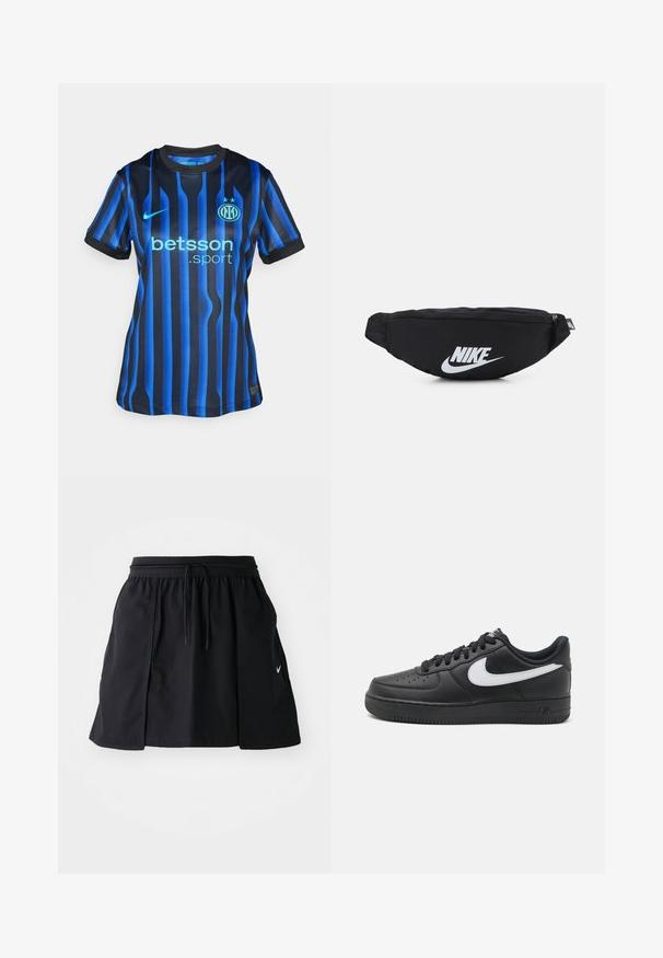 Fekete és kék csíkos focimez kerek nyakkal. Jellemzője a világoskék "betsson.sport" logó és a kerek csapat embléma a mellkason.; Fekete sport szoknya rugalmas derékrésszel és állítható zsinórral. Oldalsó részekkel, könnyű anyagból készült, és egy kis logóval az alsó szélén.; Fekete Nike Air Force 1 tornacipő sima bőrből készült felsőrésszel, fehér logóval, perforált orral és texturált gumitalppal.; Fekete nylon övtáska cipzáras záródással, nagy fehér Nike logóval. Simma textúra és ergonómikus kialakítás a kényelmes viselet érdekében.