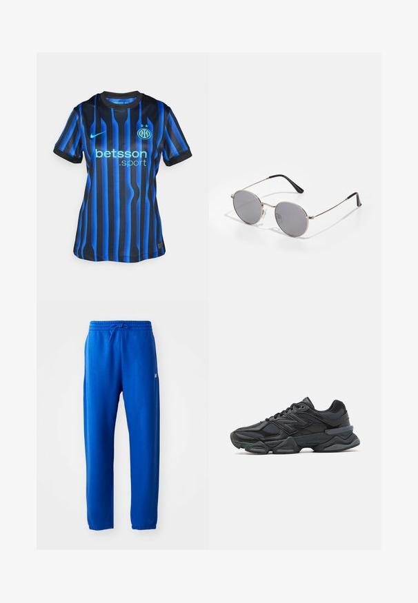 Camisa de futebol listrada em preto e azul com gola redonda. Apresenta o logótipo "betsson.sport" em azul claro e emblema redondo da equipa no peito.; Calças de fato de treino azuis feitas de um tecido suave, com uma cintura elástica com cordão, pernas ajustadas e um pequeno detalhe de logotipo na lateral.; Sapato de corrida preto com uma combinação de malha e materiais sintéticos, sola robusta, design curvado e uma marca de destaque na lateral.; Óculos de sol redondos com lentes cinzentas escuras, aro fino de metal prateado e hastes com pontas em borracha preta. Design simples, sem padrões ou detalhes.