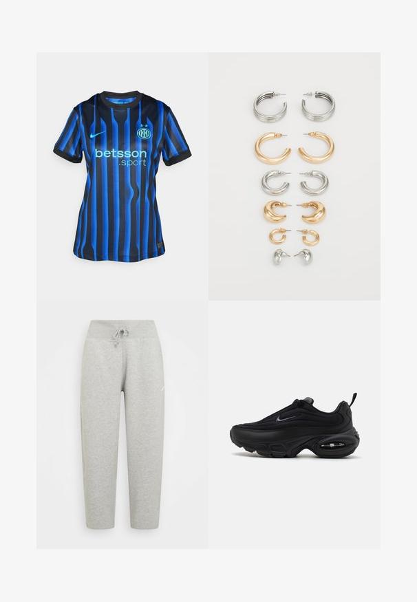 Fekete és kék csíkos focimez kerek nyakkal. Jellemzője a világoskék "betsson.sport" logó és a kerek csapat embléma a mellkason.; Szürke melegítőnadrág, húzózsinórral, szűkülő lábakkal és puha tapintással. Oldalán egy kis logó található, pamutkeverék anyagból készült.; Fekete sportcipő sima, texturált felsőrésszel. Kerek orral, párnázott nyakkal és látható légpárnázással rendelkezik a talpában.; Nyolc fém fülbevalóból álló szett ezüst és arany tónusokban. Különböző karika stílusokat, textúrákat és felületeket tartalmaz, méret szerint elrendezve.