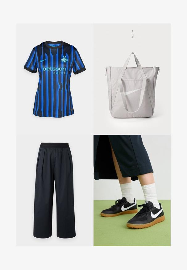 Tricou de fotbal cu dungi negre și albastre, cu decolteu rotund. Conține un logo de culoare albastru deschis "betsson.sport" și un emblema rotundă a echipei pe piept.; Pantaloni negri cu croială largă, pliuri frontale, talie elastică și textură netedă a materialului. Au o croială lejeră și lungime scurtată.; Sneakers negre din piele și material sintetic cu logo-ul alb Nike, talpă din cauciuc, vârful rotund și șireturi negre. Șosete albe cu nervuri vizibile.; Geantă tote gri cu mânere întărite, buzunar frontal cu fermoar și logo-ul alb Nike swoosh. Fabricată dintr-un material durabil cu o textură netedă.