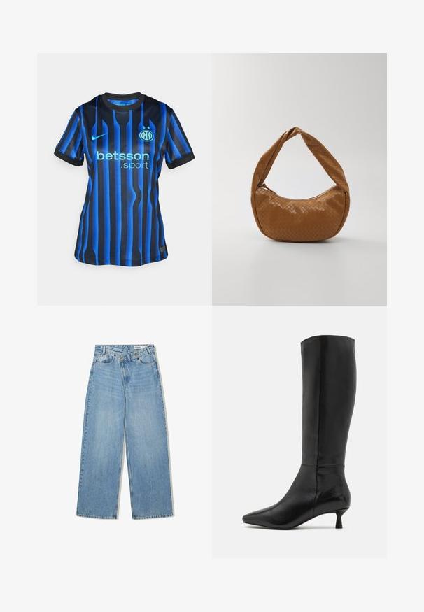 Crno-plava prugasta nogometna majica s okruglim izrezom. Ima svijetloplavi logo "betsson.sport" i okrugli timski grb na prsima.; Svijetloplave široke traperice od denima, s visokim strukom, pet džepova, zatvaranjem na gumb i suptilnim izbjeljivanjem za teksturu.; Zign Čizme - black; Tkanišna kožna torba u smeđoj boji, ovalnog oblika s debelim pletenim ručkama, koja se zatvara na zip i ima sjajnu teksturu.