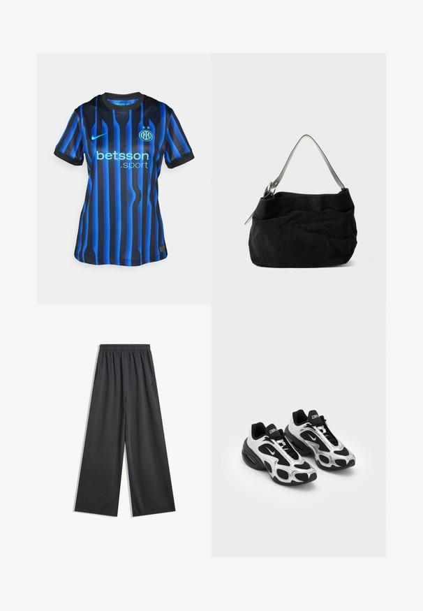 Črno-modra nogometna majica s črtami in okroglim izrezom. Ima svetlo modro oznako "betsson.sport" in okrugli grb ekipe na prsih.; Črne široke hlače iz mehke tkanine, z elastičnim pasom in stranskimi žepi. Gladko teksturo brez vidnih vzorcev ali dodatkov.; Črne in srebrne športne čevlje z mrežnim in sintetičnim zgornjim delom, ki vsebujejo značilno valovito obliko in oblazinjen ovratnik, z zračno blazino v podplatu.; Črna sued torba s mehkimi, visečimi oblikami. Ima tanek, gladek usnjen naramnico in diskretne šivane detajle.