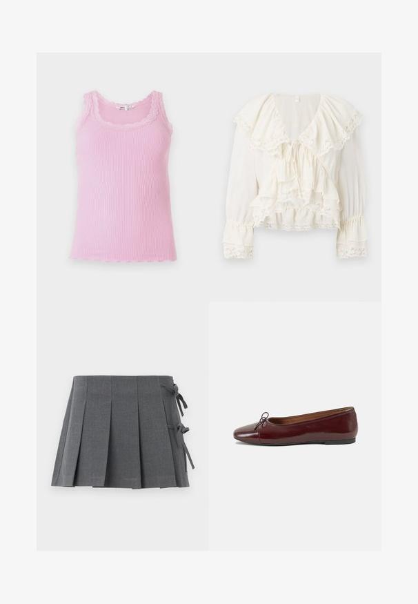 Débardeur ajusté en maille côtelée de couleur rose clair, avec des bordures en dentelle autour du décolleté et des emmanchures, une finition en ourlet festonné et une texture douce.; Blouse blanche avec un design à volants superposés, bordure en dentelle sur les manches et l'ourlet, et un décolleté en V avec un cordon de serrage.; Jupe plissée grise avec ceinture à liens, confectionnée dans un tissu texturé, avec une coupe épurée et sans matériel visible.; Ballerines en cuir verni bordeaux avec un bout rond, un petit nœud décoratif à l'avant et une semelle en caoutchouc noire basse. Texture lisse.