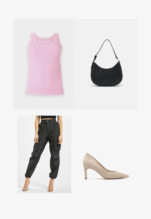 Kergelt roosa ribitud särk, millel on pitsdetailid kaeluses ja käeaukudes, laineline alläär ja pehme tekstuur.; Mustad mustad püksid, millel on kerge kanga koostis, sisaldavad mitmeid taskuid, elastseid mansette ja küljetaskut, millel on lukk, et pakkuda lisafunktsionaalsust.; Beesuhhi kõrge kontsaga pump, millel on terav nina ja 7 cm konts. Sile tekstuur, minimalistlik disain ja sujuv siluett.; Must have musta kotka, valmistatud siledast nahast, kaarekujulise siluetiga, millel on üks reguleeritav sang ja minimaliseeritud disainielemendid.