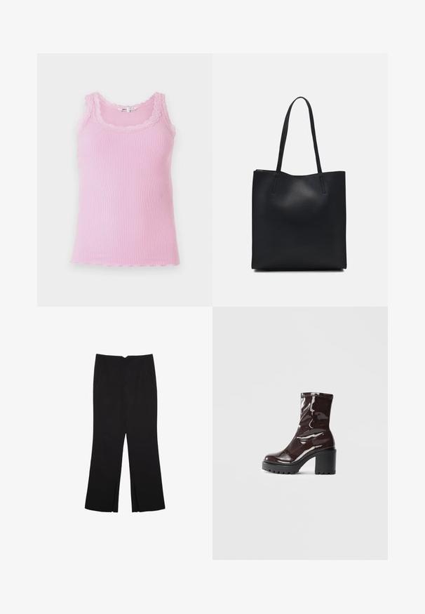 Top tank aderente a coste di colore rosa chiaro, con bordo in pizzo attorno al collo e alle braccia, orlo scallop e texture morbida.; Pantaloni neri a gamba dritta, con tasche frontali e spacchi laterali all'orlo. Realizzati in tessuto morbido e liscio. Adatti a diverse occasioni.; Stivale alla caviglia bordeaux lucido con un tacco spesso nero, caratterizzato da una superficie liscia e un design semplice. Nessuna chiusura visibile o motivo.; Borsa tote in pelle nera con texture liscia, forma rettangolare e due manici lunghi. Nessun hardware o decorazione visibile.