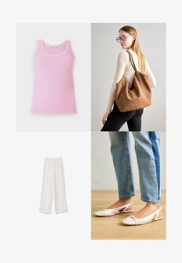Ribbatsad, figursydd linne i ljusrosa med spetsdetaljer runt halsringningen och ärmhålen, samt en vågig nederkant och mjuk textur.; Vita vida byxor i vid passform gjorda av ett lättviktsmaterial. Har en elastisk midja med dragsko och sidofickor. Slät textur.; Ljust rosa slingback-lägenheter med spetsig tå, tillverkade av ett slätt läderliknande material. Har utskurna detaljer på sidorna och en platt häl.; Brun mocka toteväska med mjuk textur, stor öppning och långa axelremmar. Har en enkel design med synliga sömmar och ingen hårdvara.