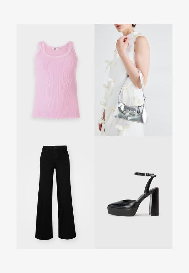 Top tank aderente a coste di colore rosa chiaro, con bordo in pizzo attorno al collo e alle braccia, orlo scallop e texture morbida.; Pantaloni neri a gamba larga in denim, con una vita strutturata, passanti per la cintura e tasche frontali. Texture liscia con un design classico.; Tacchi a piattaforma neri con punta appuntita e cinturino regolabile alla caviglia. Realizzati in pelle liscia, presentano un tacco a blocco spesso.; Borsa a mano metallica argento con forma strutturata, dotata di manico superiore e dettaglio a fiocco sulla parte frontale. Texture liscia e finitura riflettente.