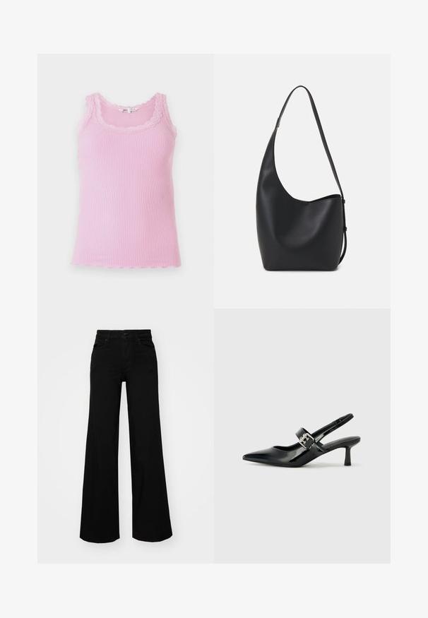 Fitted ribbed tank top in light pink, featuring lace trim around the neckline and armholes, with a scalloped hemline and soft texture.; Black wide-leg pants made of denim, featuring a structured waistband, belt loops, and front pockets. Smooth texture with a classic design.; Black patent leather slingback heels with a pointed toe and a small block heel, featuring a silver buckle accent on the strap.; Black leather hobo bag with a smooth texture, curved shape, and single adjustable strap; features a wide opening at the top.