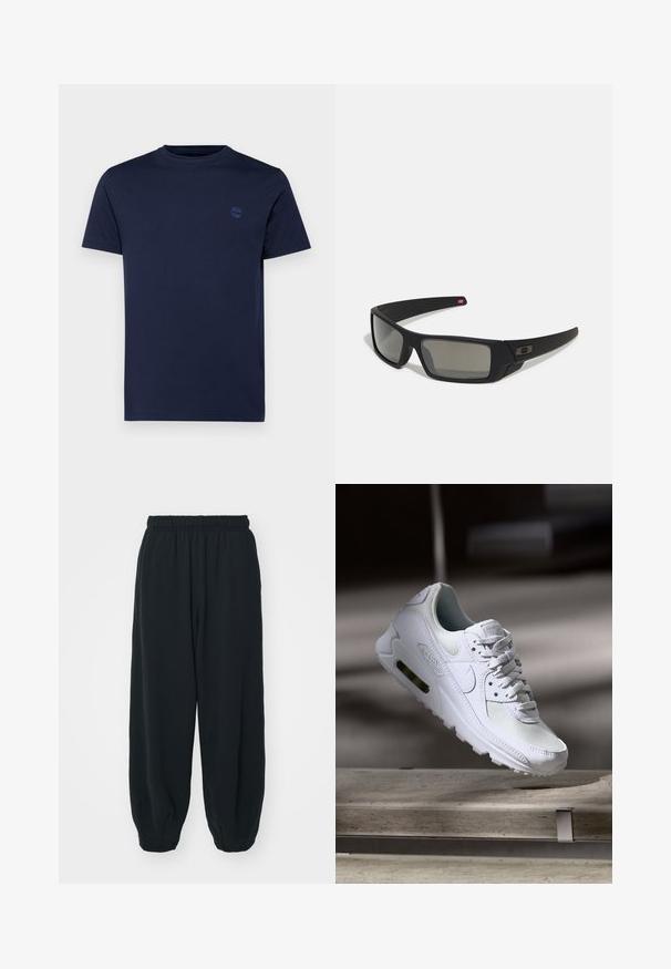 T-shirt de algodão azul marinho com decote redondo, mangas curtas e um pequeno logótipo bordado no peito. Textura suave, ajuste regular.; Calças de fato de treino pretas, com cintura elástica e um corte solto, com punhos nas pernas, textura suave e sem padrões visíveis ou detalhes de metal.; Sapatilha Nike Air Max 90 branca com parte superior em malha e couro, caixa de dedos perfurada e uma unidade de ar visível no calcanhar.; Óculos de sol pretos com acabamento mate, lentes retangulares, leve curvatura nas hastes, detalhe sutil do logo e lentes de cor fumada.