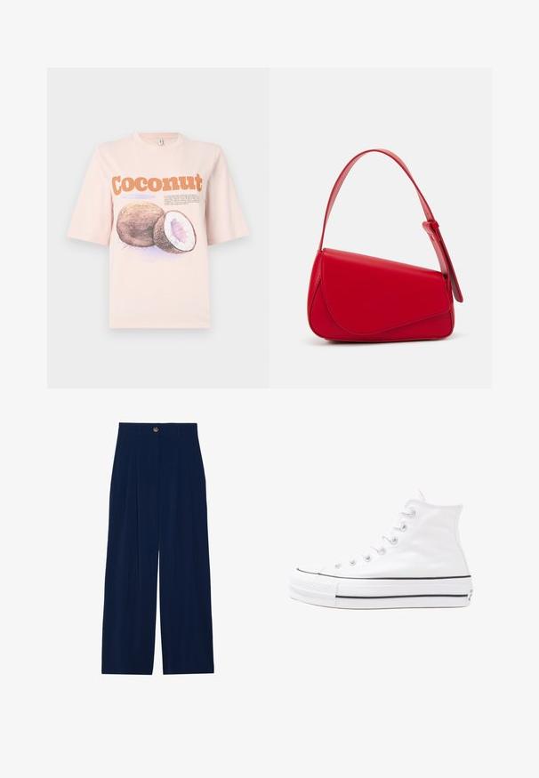 Šviesiai rožinė medvilninė marškinėlių su kokoso grafika, turinti tekstą oranžine ir violetine spalvomis. Trumpomis rankovėmis, laisvas kirpimas, sklandi tekstūra.; Gėlių bluzonas su ilgomis pūkuotomis rankovėmis, šviesiai kreminiu pagrindu, su violetiniais, oranžiniais ir žaliais gėlių raštais bei klasikiniu apykaklės dizainu.; Tamsiai mėlynos plačios kojinės kelnės, pagamintos iš švelnios medžiagos, su priekinėmis klostėmis, mygtuko užsegimu ir dviem šoninėmis kišenėmis.; Balti aukštakulniai drobės sportbačiai su juodu guminio pado, priekinio guminio piršto dangteliu ir šešiais akytėmis raištams, pasižymintys švariu, minimalistiniu dizainu.; Raudona odinė rankinė su kampuota, geometrine forma. Pasižymi viena reguliuojama dirželiu ir dangteliu su siuvinėtais dekoracijomis.