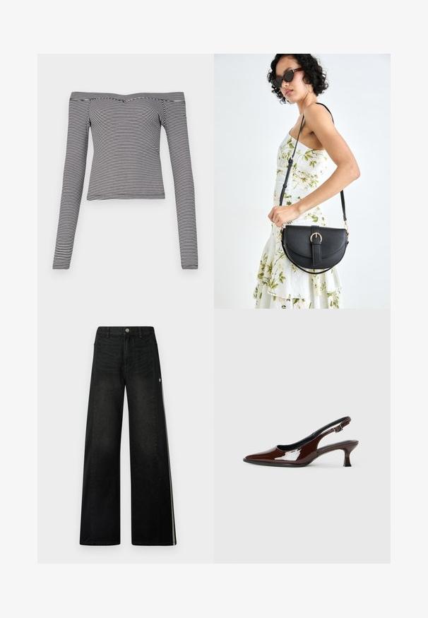 Black and white striped off-the-shoulder long-sleeve top made of smooth fabric with a fitted design and narrow neckline.; Wide-leg black jeans with contrasting black side panels. Features a classic denim texture, silver button closure, and white accent stripes.; Brown patent leather slingback shoe with a pointed toe and a moderate heel. Features a buckle strap for secure fit. Smooth texture.; Black leather handbag with a curved shape, detachable strap, and gold hardware. The bag features a flap with a buckle detail.
