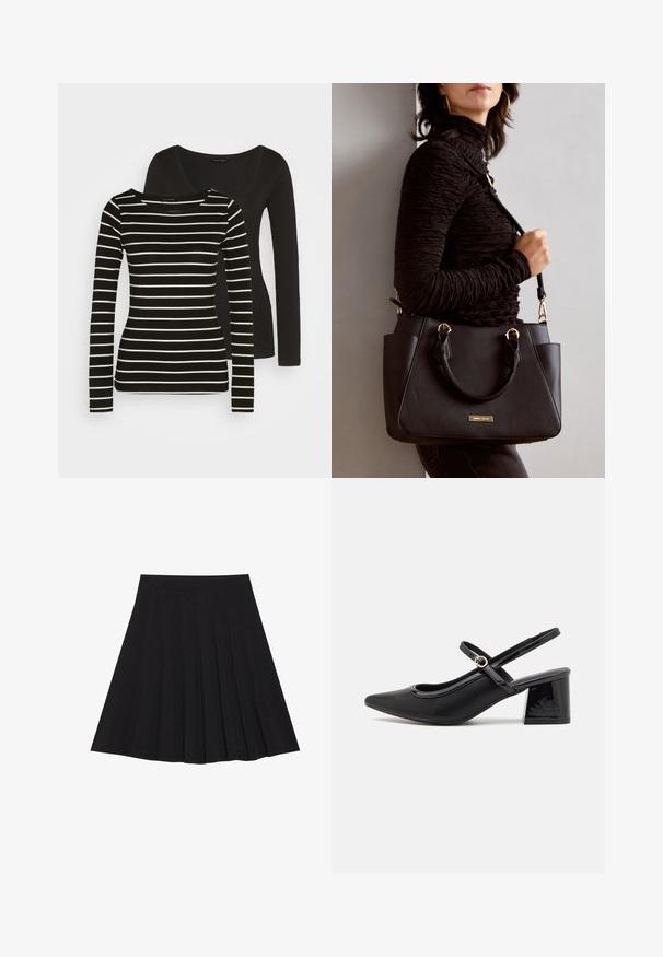Fekete, hosszúujjú felső hátul; elöl fekete-fehér csíkozott hosszúujjú dizájn található, kerek nyakkivágással. Puha anyagú textúra.; Fekete, pliszírozott szoknya texturált anyagból, szűk derékpánttal. Térd alá ér, sima, letisztult vonalvezetéssel.; Fekete lakk bőr, pántos magassarkú cipő, hegyes orral, lekerekített kivágással és tömbsarkal. Arany színű csat díszíti.; Fekete kézitáska texturált felülettel, dupla felső fogantyúval és állítható vállpánttal. Arany színű fém kiegészítők és oldalsó zsebek találhatók rajta.