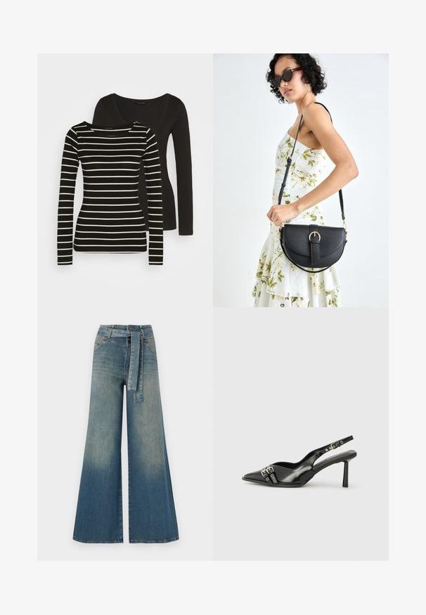 Bluză neagră cu mânecă lungă la spate; partea din față prezintă un design cu dungi alb-negru, cu mâneci lungi și decolteu rotund. Textură de stofă moale.; Pantaloni din denim largi, cu un gradient de la albastru deschis la albastru închis, talie înaltă, bucle pentru curea și o curea din același material. Finisaj texturat din denim.; Pantofii slingback din piele lăcuită neagră, cu vârf ascuțit, bretele pentru gleznă cu catarame și accesorii din argint, și un toc subțire.; Geantă din piele neagră, cu o formă curbată, curea detașabilă și accesorii aurii. Geanta are un capac cu un detaliu tip cataramă.