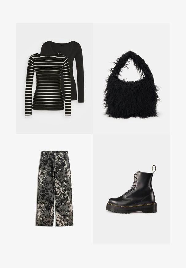 Črn dolg rokav majica zadaj; spredaj ima dolg rokav s črno-belimi črtami in okroglo izrezenim ovratnikom. Mehka tekstura tkanine.; Srednje visoke hlače širokih nogavic z teksturiranim črno-belem cvetličnem vzoru na sivi podlagi, ki imajo klasičen pas in sprednje žepe.; Črne usnjen lace-up gležnjarje z debelim črnim podplatom in rumenim šivanjem. Imajo zanko na hrbtni strani in okrogle kovinske učke.; Even&Odd Torba za nakupovanje - black