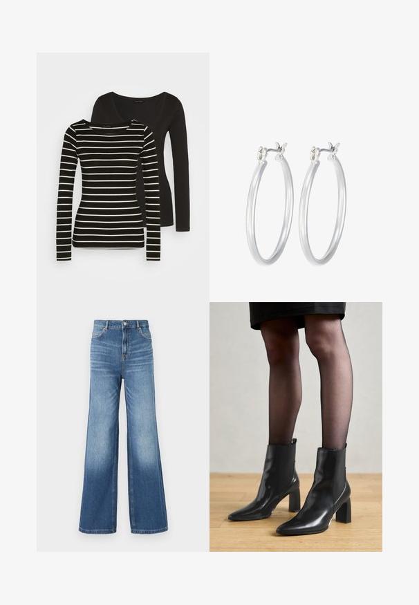 Sort langærmet bluse bagpå; forsiden har et sort og hvidt stribet langærmet design med en rund hals. Blødt stof.; Lysblå denim bredbenede jeans med høj talje, der har fem lommer, bæltesløjfer og en subtil falmeffekt mod kanten.; Sorte læderankelstøvler med spids tå, kraftig firkantet hæl og slankt design. Har elastiske sidepaneler for nem påtagning.; Sølv hoop øreringe med en glat, poleret overflade. Rund form og sikker klik-lukning. Letvægtsdesign, der er velegnet til hverdagsbrug.