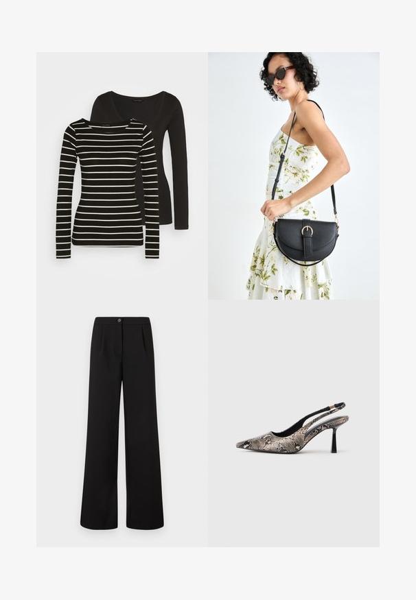 Bluză neagră cu mânecă lungă la spate; partea din față prezintă un design cu dungi alb-negru, cu mâneci lungi și decolteu rotund. Textură de stofă moale.; Pantaloni negri culisați, cu talie înaltă și lățime mare, cu închidere frontală prin buton și fermoar, având plii subtile sub talie.; Pantofi slingback cu vârf ascuțit, din material texturat cu imprimeu de șarpe, având un toc subțire negru și un design decupat pe laterale.; Geantă din piele neagră, cu o formă curbată, curea detașabilă și accesorii aurii. Geanta are un capac cu un detaliu tip cataramă.