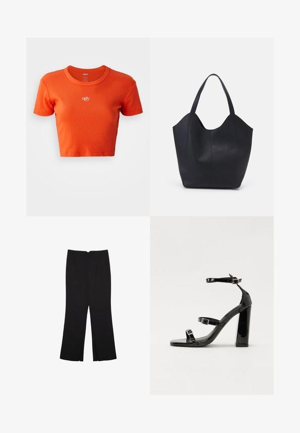 Orange cropped t-shirt lavet af ribbet stof, med rund halsudskæring og et lille hvidt "obey" logo broderet på brystet.; Sorte bukser med lige pasform, der har frontlommer og slidser i kanten. Lavet af blødt, glat stof. Velegnet til forskellige anledninger.; Sorte patenterede hælsandaler med firkantet tå, ankelremme og sølvspænder. Har en chunky blokHæl for stabilitet.; Sort tote taske lavet af glat læder, med en buet, åben top, to skulderstropper og et minimalistisk design.