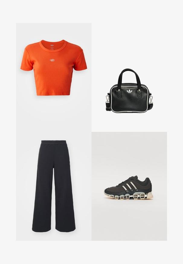 Orange cropped t-shirt made from ribbed fabric, featuring a round neckline and a small white "obey" logo embroidered on the chest.; Black wide-leg sweatpants made from soft fabric, featuring an elastic waistband and a small logo on the left side.; Black athletic shoe with a textured upper, three silver stripes, and a distinctive cushioning sole featuring multiple integrated sections.; Black leather handbag with two short handles, silver hardware, white accents, and a white logo. Features a textured surface and compact design.