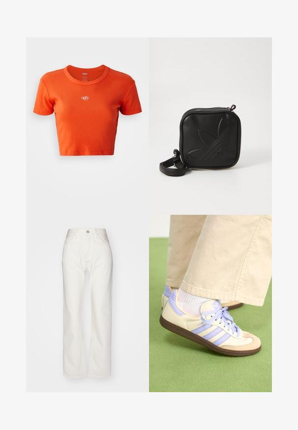 Orange cropped t-shirt made from ribbed fabric, featuring a round neckline and a small white "obey" logo embroidered on the chest.; White denim trousers with a high waist and wide-leg fit. Features a button and zipper closure, belt loops, and subtle stitching details.; Cream and lavender sneakers with three stripes and a textured brown sole, featuring laces and a padded heel. Soft fabric upper.; Black square crossbody bag made of textured synthetic material. Features an embossed logo design and adjustable strap. Zipper closure.