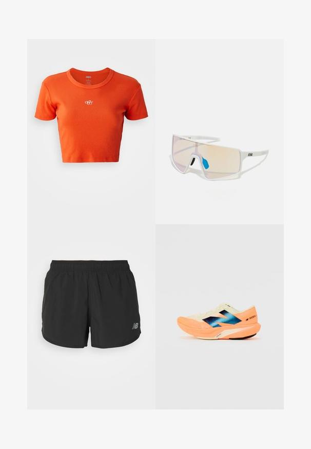 Pomarańczowa krótka koszulka z ribbowanej tkaniny, z okrągłym dekoltem i małym białym logo "obey" wyszytym na piersi.; Czarne sportowe spodenki z elastycznym pasem, wykonane z lekkiego materiału. Posiadają małe szare logo na dolnym prawym boku.; Buty biegowe z lekką kremową cholewką, niebieskim logo i pomarańczowymi akcentami na podeszwie. Siatkowa tekstura dla lepszej wentylacji.; Białe okulary przeciwsłoneczne w dużej oprawie, z gradientowymi soczewkami w odcieniu różowym do jasnopomarańczowym, podkreślonymi niebieskim noskiem i detalem z logo.