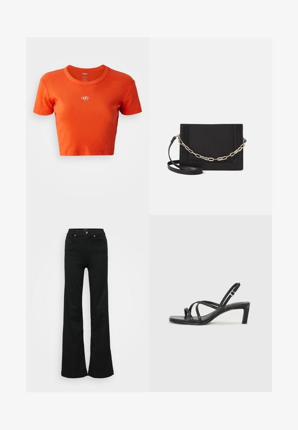 Pomarańczowa krótka koszulka z ribbowanej tkaniny, z okrągłym dekoltem i małym białym logo "obey" wyszytym na piersi.; Czarne dżinsy w kształcie dzwonu wykonane z denimu, z wysokim stanem, pięcioma kieszeniami i metalowym zapięciem. Gładka faktura z minimalnym zdobieniem.; Czarne sandały na obcasie z prostokątnym noskiem i niskim słupkowym obcasem. Posiadają wiele cienkich pasków i regulowany pasek na kostkę. Wykonane z gładkiej skóry.; Czarna skórzana torebka typu crossbody z gładką teksturą, prostokątnym kształtem oraz metalowym detalem w postaci łańcuszka z przodu. W zestawie regulowany pasek.