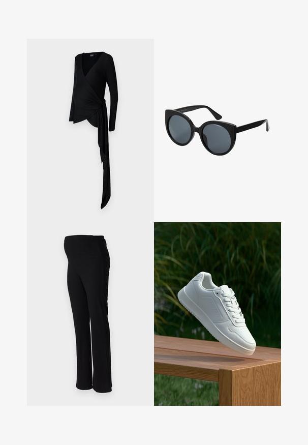 Musta, pitkähihainen äitiyswrap-paita, jossa on syvä V-pääntie, ja sivussa on laskostettu solm yksityiskohta, valmistettu pehmeästä, joustavasta kankaasta.; ONLY MATERNITY OLMHALLE - Housut - black; Valkoiset tennarit, joissa on sileä synteettinen päällinen, rei'itetty varvasosa, litteät nauhat ja teksturoitu pohja, esillä puupinnalla.; Mustat ylipainoiset aurinkolasit, joissa on kissansilmämuoto, tummennetut linssit ja kiiltävä muovikehys. Ominaisuuksiin kuuluvat paksut reunaosat tuen tarjoamiseksi.; Ruskea mokkanahkainen kassi, jonka pinta on pehmeä. Kassissa on yksi olkahihna ja hienovarainen, kaareva yläaukeama. Ei näkyviä metalliosia.