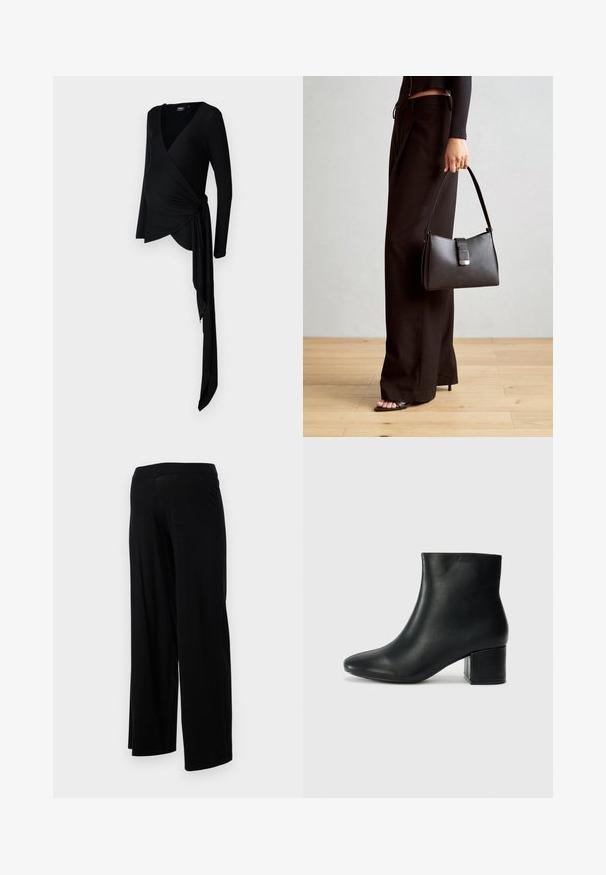 Black, long-sleeve maternity wrap top with a deep V-neck, featuring a draped tie detail on the side, made from soft, stretchy fabric.; Black wide-leg pants with an elastic waistband and a smooth, stretchy texture. Features a simple design, no patterns or embellishments.; Black leather ankle boots with a pointed toe and a chunky heel. Smooth texture with minimal accents and a sleek, fitted design.; Black handbag with structured shape, smooth texture, and a metallic clasp. Paired with wide black pants and open-toe sandals on wooden floor.; Silver metallic leather jacket with shearling collar, featuring a zip closure and textured surface. Large teardrop earrings with clear gemstones.