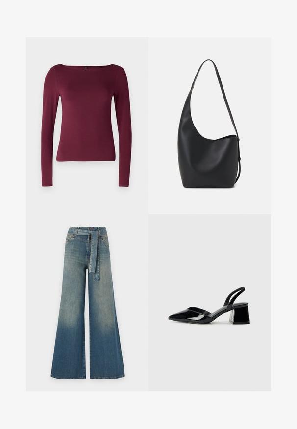 ONLY ONLLIVE LOVE - Långärmad tröja - burgundy; Breda denimbyxor med en ljus till mörkblå gradient, hög midja, bälteshällor och ett matchande tygbälte. Texturerad denimfinish.; Svarta lackläder slingback klackar med spetsig tå och geometrisk klack. Har en elegant, minimalistisk design och slät yta.; Svart läder hobo-väska med en slät textur, kurvig form och en justerbar axelrem; har en bred öppning upptill.