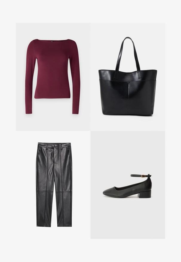 ONLY ONLLIVE LOVE - Pikkade varrukatega topp - burgundy; Mustad nahkpüksid sileda tekstuuriga, sirge lõikega, kahe eesmine taskuga ja nähtavate õmblusteta.; Must mustaapp, millel on terav nina ja madal blokk-kand. Omab pahkluu rihma koos kuldse tooni pandlaga. Sile tekstuur.; Must mustaga musta nahast, millel on kaks pikka kanda, sile tekstuur ja struktureeritud kuju. Esipoolsel on lisakoti jaoks tasku.