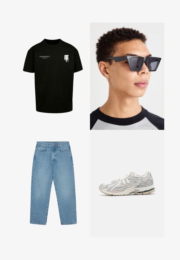 Schwarzes Baumwoll-T-Shirt mit kurzen Ärmeln, runden Halsausschnitt und weißen Drucktexten sowie grafischen Akzenten auf der Vorderseite.; Hellblaue Jeans im weit geschnittenen Stil mit hoher Taille, ausgestattet mit fünf Taschen, Gürtelschlaufen und einer weichen, leicht verblassten Textur.; Laufschuh mit einem silbernen und weißen Mesh-Obermaterial und grünen Akzenten. Die Sohle ist dick und strukturiert, um Dämpfung und Unterstützung zu bieten.; Schwarze, eckige Sonnenbrille mit dunklen Gläsern, die ein mutiges geometrisches Design und ein mattes Finish aufweist. Getragen von einer Person mit kurzer Frisur.