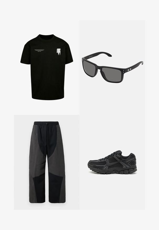 Black cotton t-shirt featuring short sleeves, a round neckline, and white printed text and graphic accents on the front.; Fleece-accented black pants with a relaxed fit, featuring contrasting dark gray fabric panels and an adjustable drawstring waistband.; Black athletic shoe featuring mesh upper, rubber sole, and textured accents. Design includes pronounced lacing system and cushioned sole.; Black sunglasses with a thick plastic frame, dark gray lenses, and subtle metallic accents on the arms. Square shape with smooth texture.