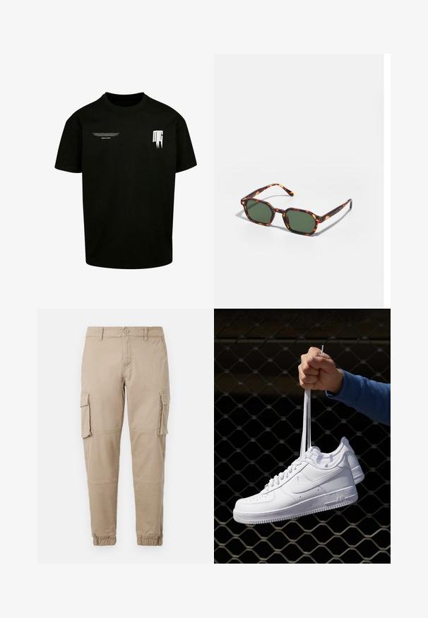 Zwarte katoenen t-shirt met korte mouwen, een ronde halslijn en witte bedrukte tekst en grafische accenten aan de voorkant.; Beige cargobroek van lichtgewicht katoenen materiaal. Kenmerkend zijn de elastische boorden, meerdere zijzakken en een knoopsluiting.; Witte leren sneakers met perforaties, ronde neus, vlakke zool en dikke veters, met een zichtbare swoosh-logo en "AIR" op de hiel.; Tortoiseshell zonnebrillen met groene glazen, met een octagonaal formaat en slanke, gebogen armen. Materiaal heeft een glanzende afwerking.