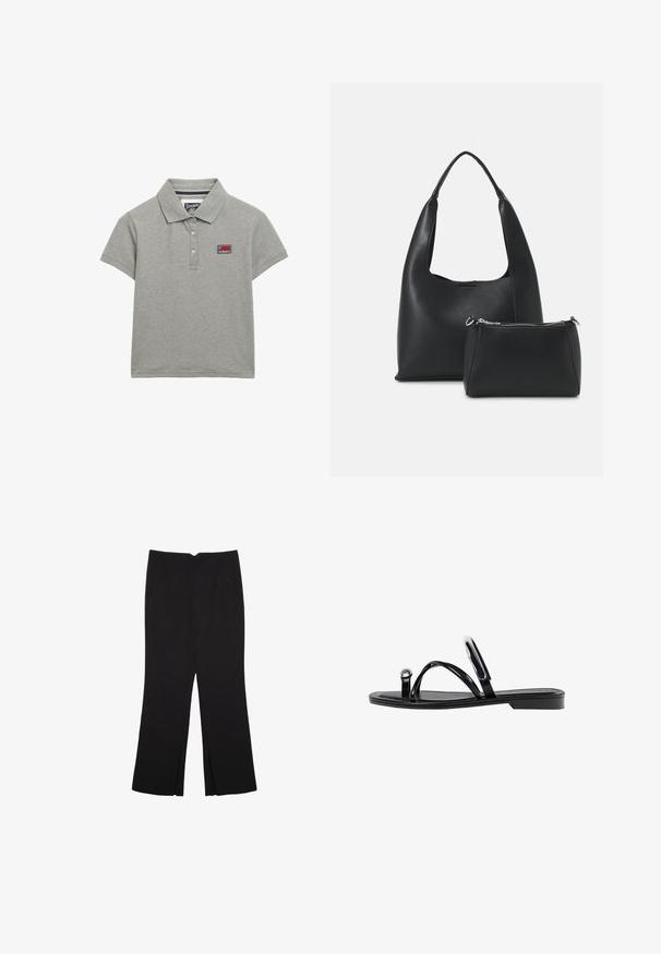 Grå polo t-shirt lavet af bomuld med krave, tre-knaps lukning og et lille broderet logo-patch på brystet.; Sorte bukser med lige pasform, der har frontlommer og slidser i kanten. Lavet af blødt, glat stof. Velegnet til forskellige anledninger.; Sorte flade sandaler med en blank finish, tre tynde stropper og en cirkulær hardwaredetalje ved tæerne. Slankt design med en minimal hæl.; Even&Odd Håndtasker - black
