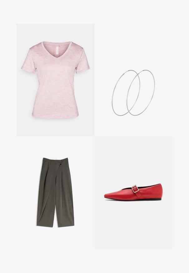 T-shirt z dekoltem w kształcie litery V, krótki rękaw w jasnoróżowym kolorze, o melanżowanej fakturze, z miękkiego materiału i naszytymi detalami na brzegach.; Spodnie o szerokich nogawkach w ciemnoszarym materiale. Posiadają płaskie przody, boczne kieszenie oraz pojedyncze zapięcie na guzik. Gładka tekstura, dopasowany krój.; Czerwone skórzane baleriny z wąskim noskiem, z bocznym paskiem z metalowym klamrą i niskim czarnym obcasem. Gładka tekstura na całej powierzchni.; Srebrne kolczyki w formie obręczy o minimalistycznym designie. Okrągły kształt, gładka faktura i cienki profil. Lekkie, z polerowanym wykończeniem.
