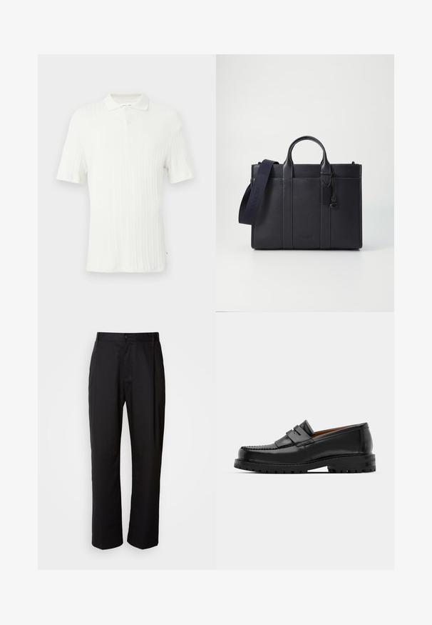 Bijela polo majica kratkih rukava s rebrastom teksturom, okruglim izrezom s ovratnikom i jednim gumbom na vrhu.; Crne hlače ravnog kroja, izrađene od lagane tkanine. Imaju prednje kopčanje na dugme i dva bočna džepa; glatka tekstura.; Crne kožne mokasine imaju podignutu šav, dvije dekorativne trake na gornjem dijelu i debeli teksturirani đon za bolji grip.; Tamno plavi kožni aktovka s dvije gornje ručke i odvojivim remenom. Ima teksturiranu površinu, vertikalno šivenje i detalj s logotipom.