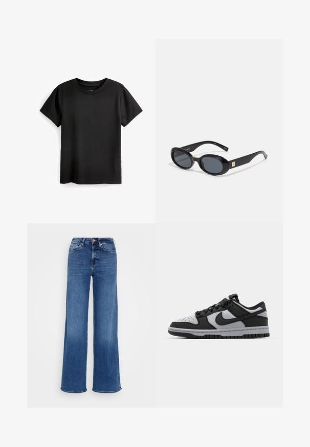 Svart bomullströja med kort ärm, rundad halsringning och ribbad textur. Inga mönster eller metallföremål; standard rak passform.; Mid-blå högmidjade jeans i denim med vida ben, knapp- och dragkedjestängning, samt fram- och bakfickor, på en enfärgad ljusgrå bakgrund.; Svarta och grå Nike Dunk låga sneakers med perforerat tåparti, släta läderaccenter och gummisula med strukturerat mönster.; Svarta ovala solglasögon med mörka linser, blank plastbåge, breda skaft och en liten guldkant på en sida.; Brun mönstrad handväska med läderdetaljer, dubbla handtag och en avtagbar rem. Har ett blixtlås och en strukturerad form.