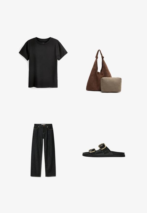 Musta puuvillapaita, jossa on lyhyet hihat, pyöreä kaula-aukko ja ribbikuvio. Ei kuvioita tai varusteita; vakio suora leikkaus.; Tummat farkut suoran leikkauksen muotoilulla, messinkipainike sulkemiseen ja kontrastivärillä keltaisella ompelulla. Sisältää viisi taskua ja klassisen istuvuuden.; Musta liukusandaali, jossa on kaksi kultaisesta solkesta tehtyä korostusta, sileäpintainen materiaali, litteä pohja ja minimalistinen muotoilu.; Ruskea elastinen olkalaukku, jossa on solmittu hihna, sisältäen pienen beige vetoketjupussin. Laukussa on pehmeä tekstuuri ja yksinkertainen muotoilu.