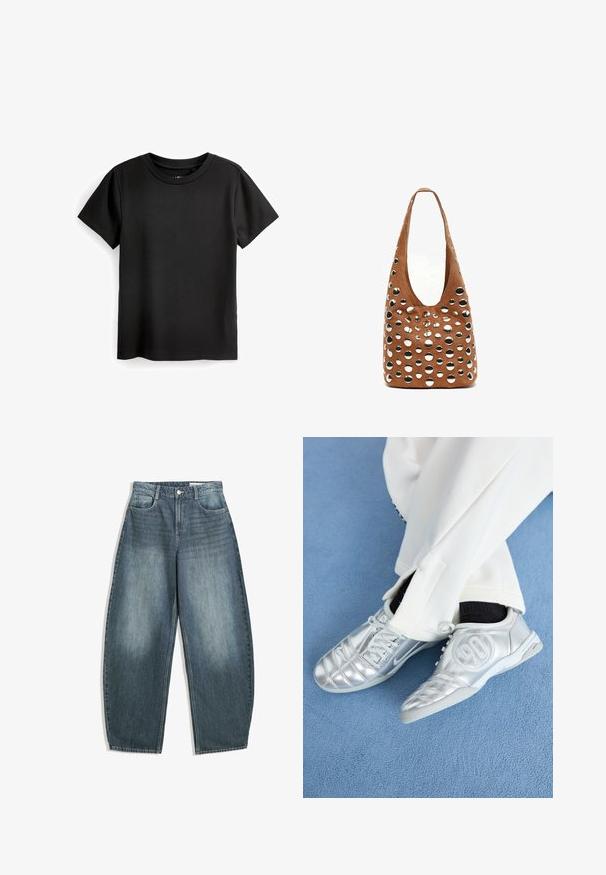 Schwarzes Baumwoll-T-Shirt mit kurzen Ärmeln, rundem Halsausschnitt und gerippter Textur. Keine Muster oder Applikationen; standardmäßiger gerader Schnitt.; Helleblaue Denim-Jeans im weiten Schnitt haben eine hohe Taille, fünf Taschen, dezente Ausbleichungen und Ziernähte entlang der Nähte.; Silberne Sportschuhe mit einer glatten, glänzenden Oberfläche, die ein genähtes Design und die Nummer 90 an der Seite aufweisen, kombiniert mit weißen Hosen.; Braune Wildleder-Handtasche mit großen runden Ausschnitten und metallischen Akzenten. Ausgeprägte Hobo-Form mit einem einzelnen Schulterriemen, glatte Textur.