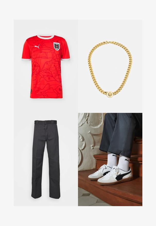 Tricou de fotbal roșu, realizat dintr-un material respirabil, având un model abstract și un guler alb. Include logo-ul Puma și emblema echipei naționale.; Pantaloni negri dintr-un material durabil, cu un design drept, talie cu bucle pentru curea și cusături pentru a adăuga textură.; Adidași Puma din suede alb și negru, cu o talpă din cauciuc maro. Asortați cu șosete albe care au un logo negru, purtate cu pantaloni închiși la culoare.; Colier din aur cu mari zale interconectate, având un detaliu central sub formă de pandantiv circular cu un emblemă proeminentă.