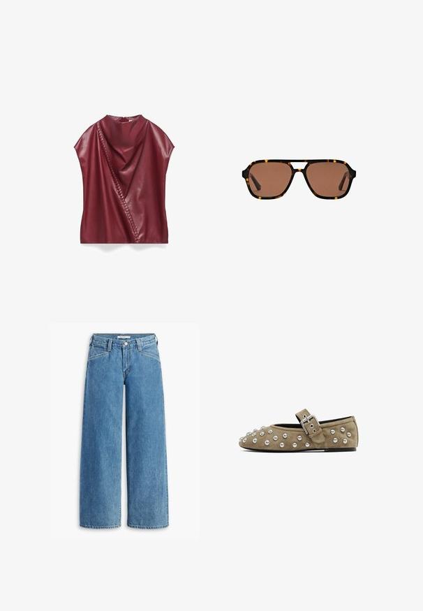 Bordeaux faux leren top met gedrapeerde halslijn, asymmetrisch ontwerp en zijdetail met een geweven accent langs de naad.; Lichtblauwe wijde jeans van denim, met een hoge taille, vijf zakken en een klassieke knoopsluiting. Recht gesneden van de dij tot de zoom.; Suède platte schoen in taupe met metalen studs over de teen en een leren riem met een zilveren gesp. Rond neuof en platte zool.; Bruine rechthoekige zonnebril met een schildpadprint montuur en een dubbele brug ontwerp op een witte achtergrond.; Witte synthetische handtas met een driehoekige vorm, platte voorklep en strikdetail, verstelbare schouderriem, gladde textuur en minimalistisch ontwerp.