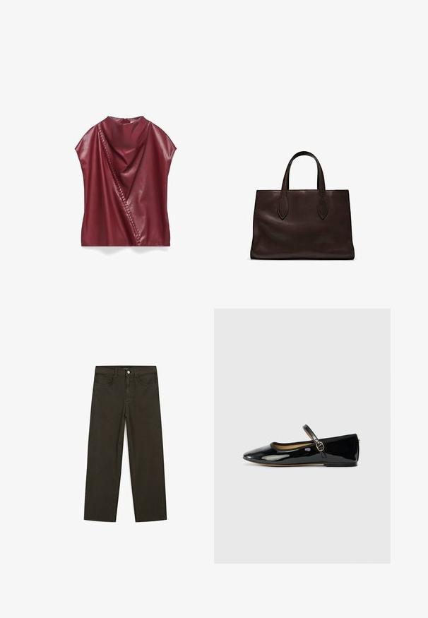 Burgunderrot fauxleder Top mit Drapée-Ausschnitt, asymmetrischem Design und seitlichen Details, die ein gewebtes Element entlang der Naht aufweisen.; Dunkelgrüne Jeans im weit geschnittenen Style, hergestellt aus einem Baumwollgemisch. Sie verfügen über einen Frontknopfverschluss, fünf Taschen und klassische Denim-Nähte.; Schwarze Lackleder-Ballerinas mit spitzem Zehenbereich und schmalem Schnallenriemen auf einem hellgrauen Hintergrund.; Braune Ledertasche mit zwei langen Griffen, strukturierte rechteckige Form, glatte Textur und dezente Nähdetails.