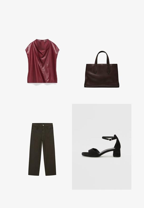 Burgunderfärgad fusk läder topp med draperad halsringning, asymmetrisk design och sidodetaljer som har en vävd accent längs sömmen.; Mörkgröna vida jeans i bomullsblandning, med knäppning fram, fem fickor och klassisk denimstickning.; Svarta mockaskor med klack och en tunn ankelrem, öppen tå-design och en modest blockklack. Slät textur och minimala accenter.; Brun läder tote-väska med två avlånga handtag, strukturerad rektangulär form, slät textur och subtila sömdetaljer.