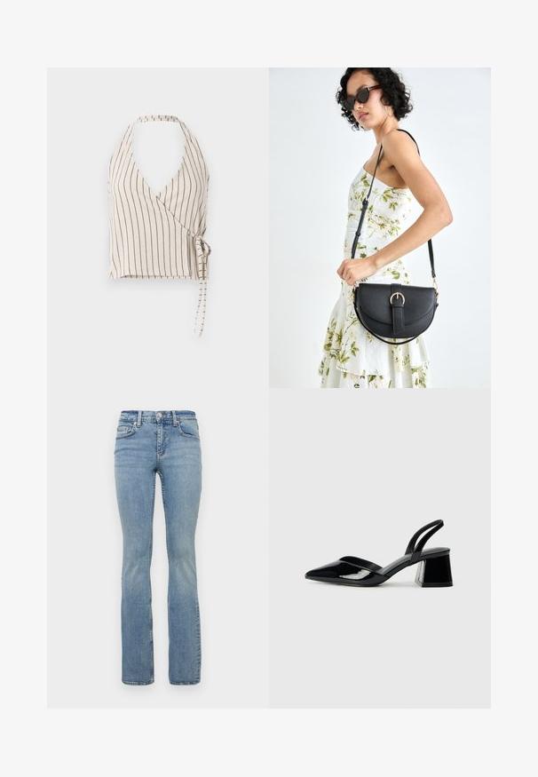 Top înfășurat în țesătură bej cu dungi verticale negre. Prezintă un decolteu adânc în V, design de gât halter și închidere cu legătură pe lateral.; Blugi evazați din denim bleu deschis, cu talie medie, având un design cu cinci buzunare, bucle pentru curea și o ușoară decolorare pe coapse.; Pantofi cu toc slingback din piele lacuită neagră, cu vârf ascuțit și toc geometric. Prezintă un design elegant, minimalist și o textură netedă.; Geantă din piele neagră, cu o formă curbată, curea detașabilă și accesorii aurii. Geanta are un capac cu un detaliu tip cataramă.