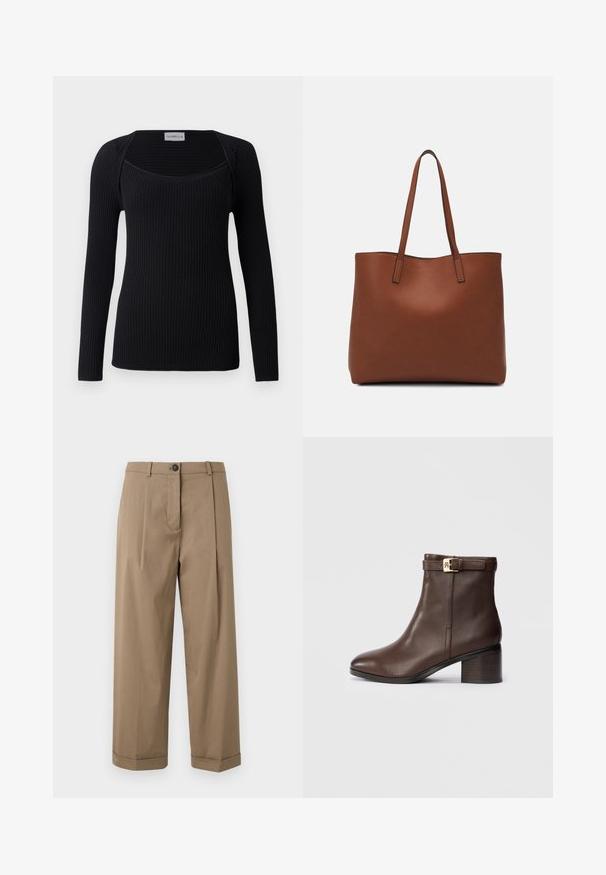 Fekete, hosszú ujjú felső, bordázott textúrával, négyzet alakú nyakkivágással és testhez simuló fazonnal. Puha, rugalmas anyagból készült.; Barna, széles szárú nadrág, lapos elülső résszel, redőkkel, gombos záródással és felhajtott szárakkal, sima anyagból készült.; Barna bőr bokacsizma lekerekített orrral, alacsony blokk sarkával és díszes csattal a bokán. Simaság jellemzi és stílusos kialakítással rendelkezik.; Barna bőr vászontáska sima textúrával, nyitott tetejű dizájnnal és két vállpánttal. Minimális varrással és látható hardver nélkül készült.