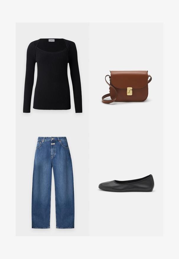 Fekete, hosszú ujjú felső, bordázott textúrával, négyzet alakú nyakkivágással és testhez simuló fazonnal. Puha, rugalmas anyagból készült.; CLOSED JAZZIE - Széles szárú - mid blue denim; Fekete bőr balettcipő lekerekített orral, sima tekstúrával, minimális varrással és rugalmas talp kialakítással.; Barna bőr kézitáska, hajtókás zárással, arany színű fém kiegészítőkkel, vállpánttal és sima felülettel. Kompakt téglalap alakú.